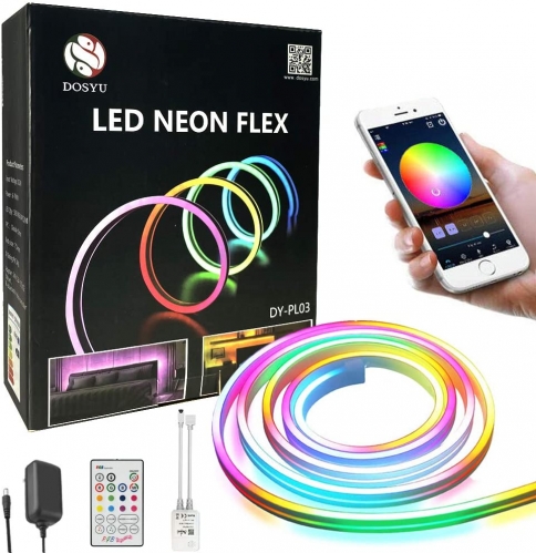 DOSYU 5m LED Strip Light Neon Flexible Bluetooth, IP65, RGB Strip Light with Remote Control, Home and Outdoor Decoration, DIY Decoration
