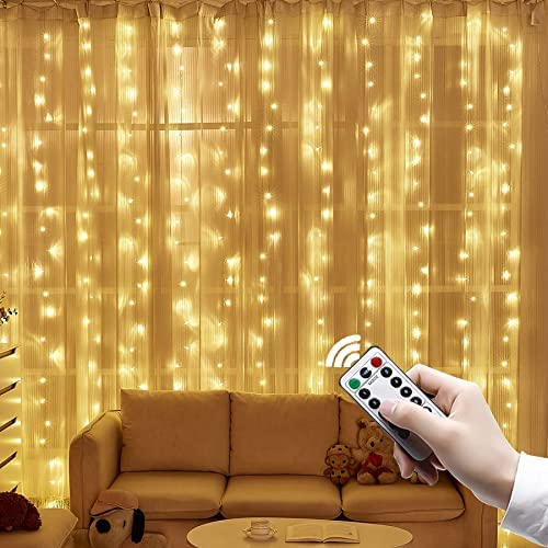 DOSYU LED Curtain Light with Hook, 3Mx3M 300LEDS with Remote Control 8 Modes, IP65 Waterproof, Bedroom, Patio, Party, Christmas